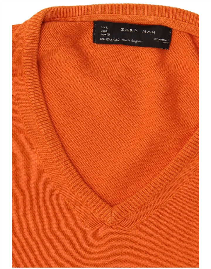 Męski sweter Zara z dekoltem w kształcie litery V, duży, pomarańczowy, bawełniany