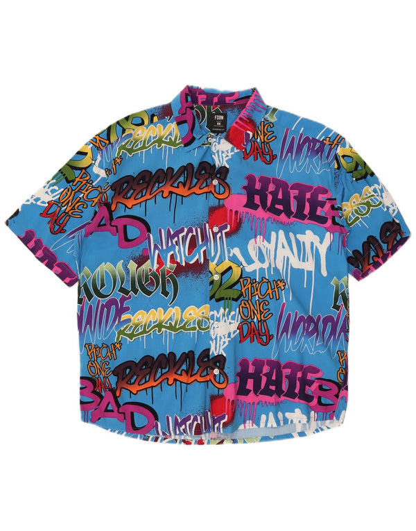 Męska koszula oversize VINTAGE z krótkim rękawem i grafiką, w małych niebieskich blokach kolorów