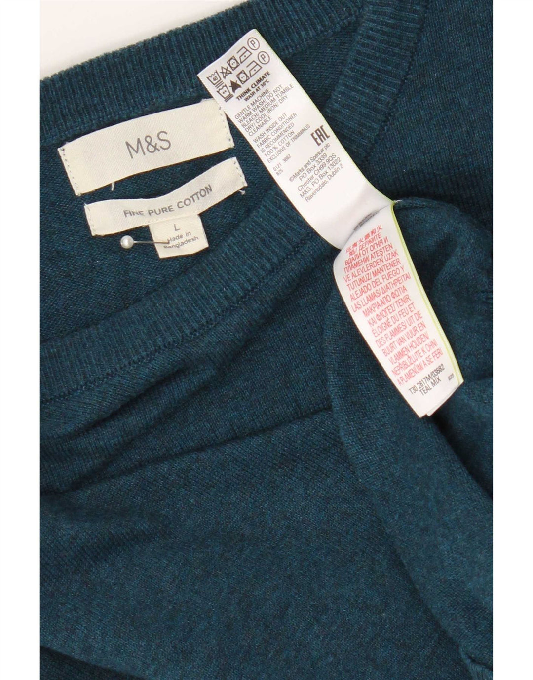 Marks & Spencer Męski sweter z okrągłym dekoltem, duży, turkusowy, bawełniany