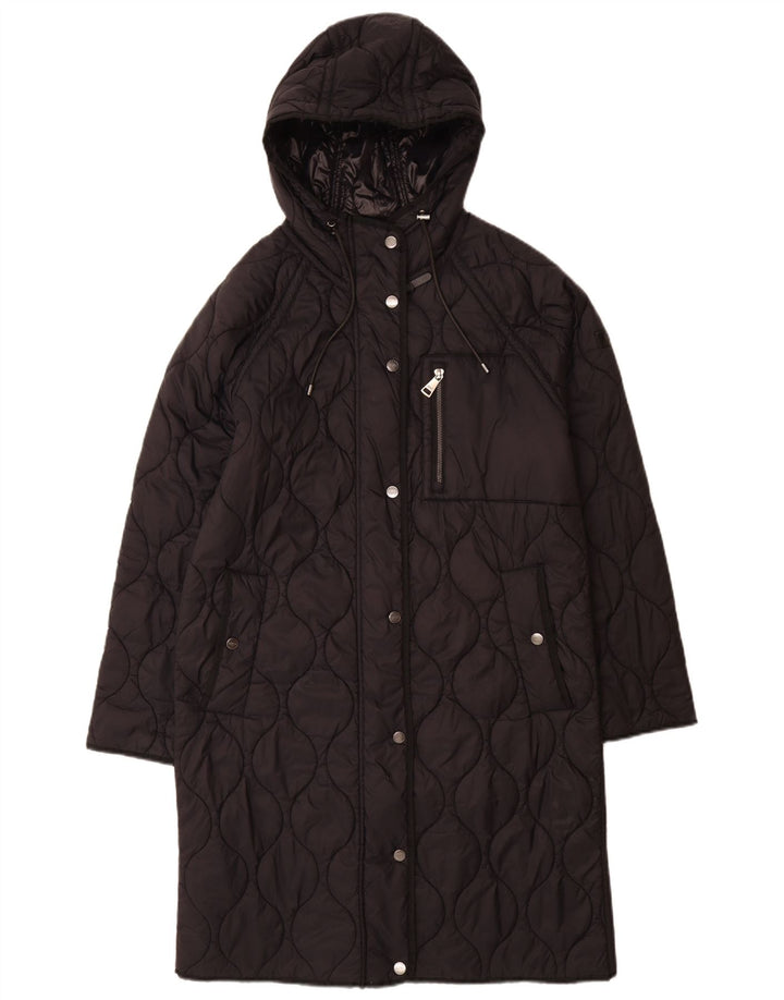 Dkny damski, oversize'owy, pikowany płaszcz z kapturem UK 10, mały, czarny nylon