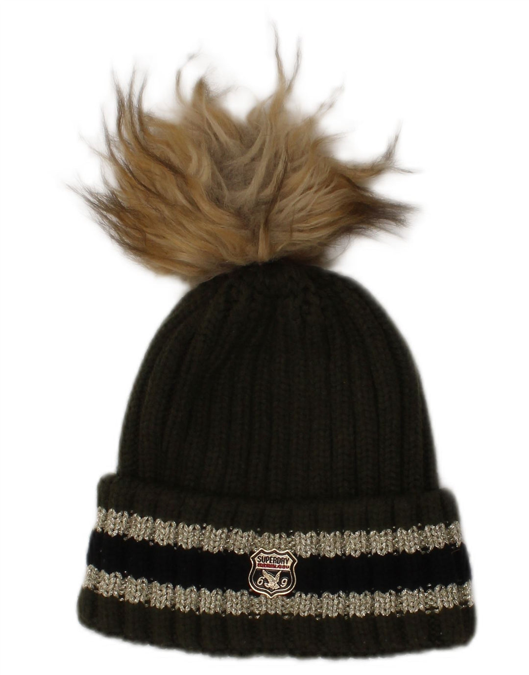 Damska dzianinowa czapka Bobble Superdry w jednym rozmiarze, khaki, w paski, zimowa