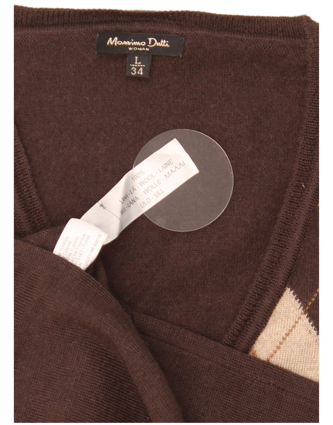 Sweter damski Massimo Dutti z dekoltem w kształcie litery V, UK 14, duży, brązowy, argyle/diament