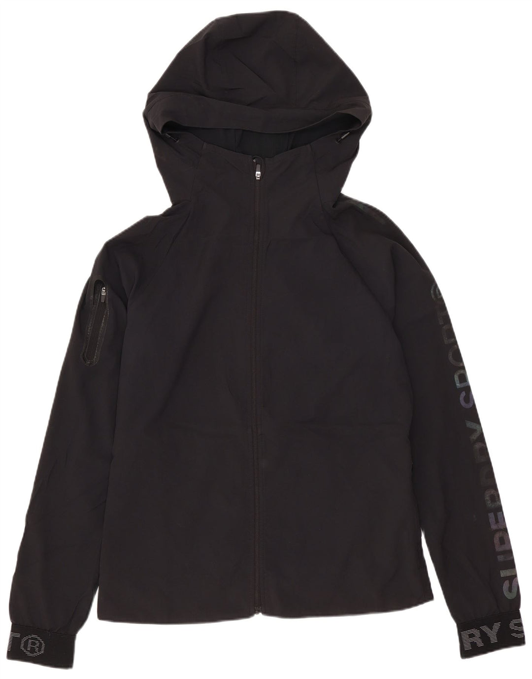 Damska kurtka wiatrówka z kapturem Superdry UK 8, mała, czarna, z poliestru