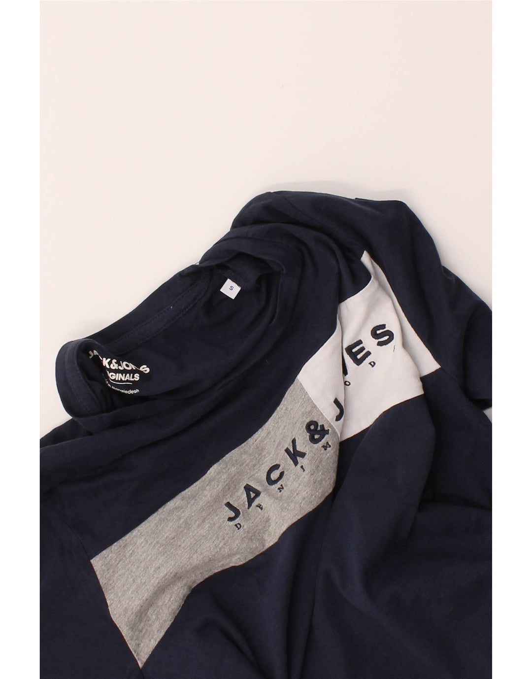 JACK & JONES Mens Graphic T-Shirt Top Small Navy Blue Colourblock Vintage Jack & Jones and Second-Hand Jack & Jones from Messina Hembry 