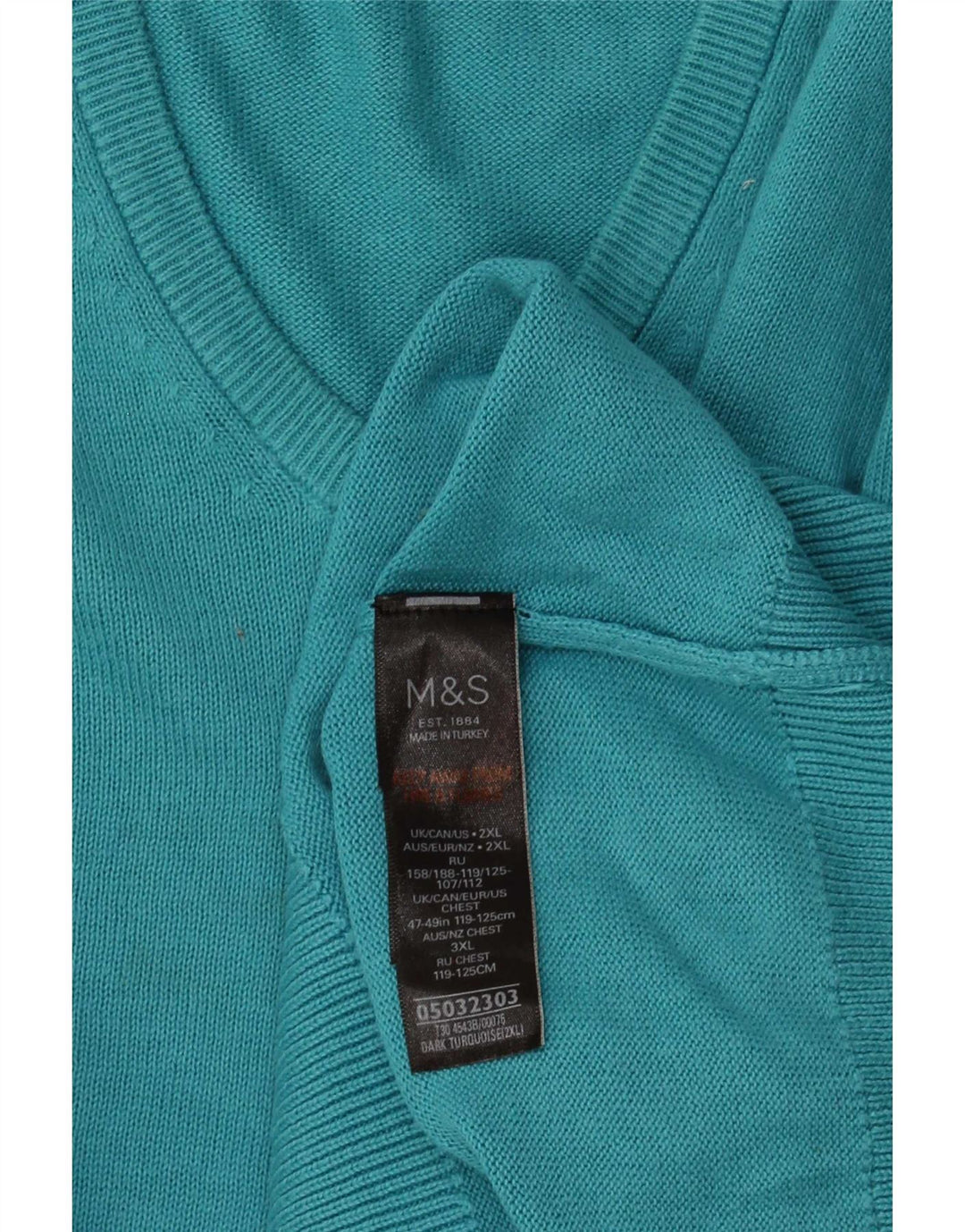 Marks & Spencer Męski sweter z dekoltem w kształcie litery V, 2XL, turkusowa bawełna