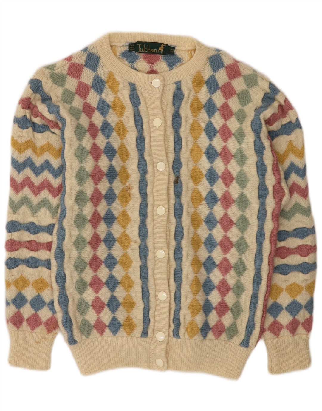 Damski sweter rozpinany Tulchan, jeden rozmiar, beżowy Argyle/diamentowa nowa wełna