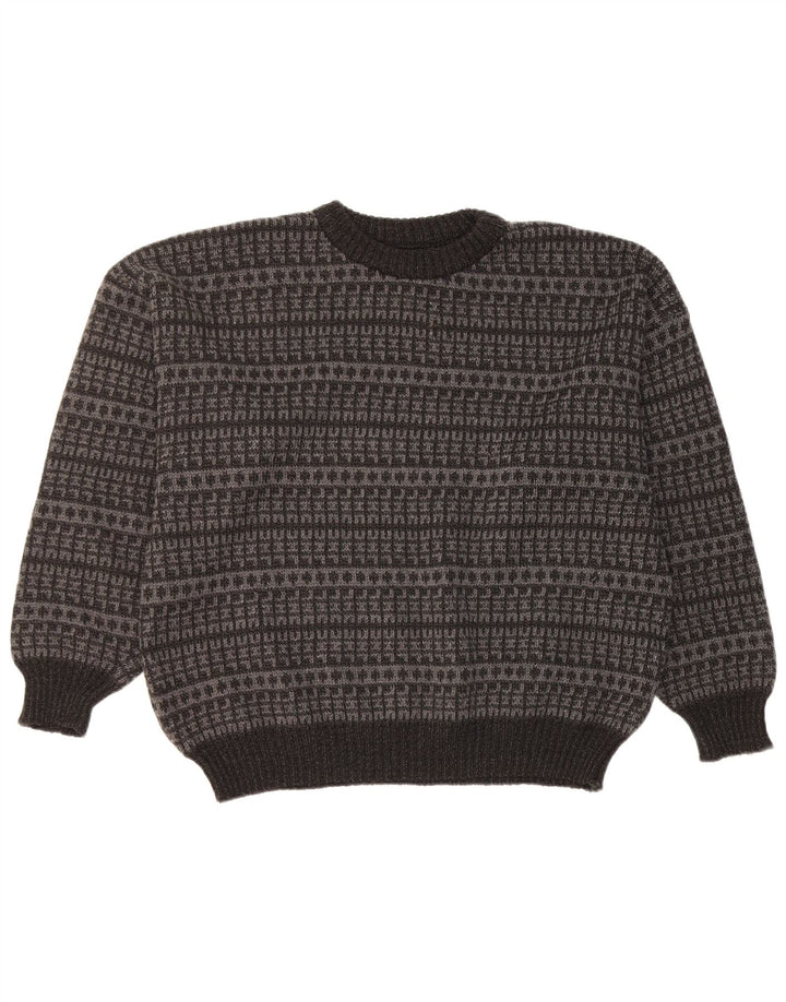 Vintage męski sweter z wycięciem pod szyją, duży czarny geometryczny