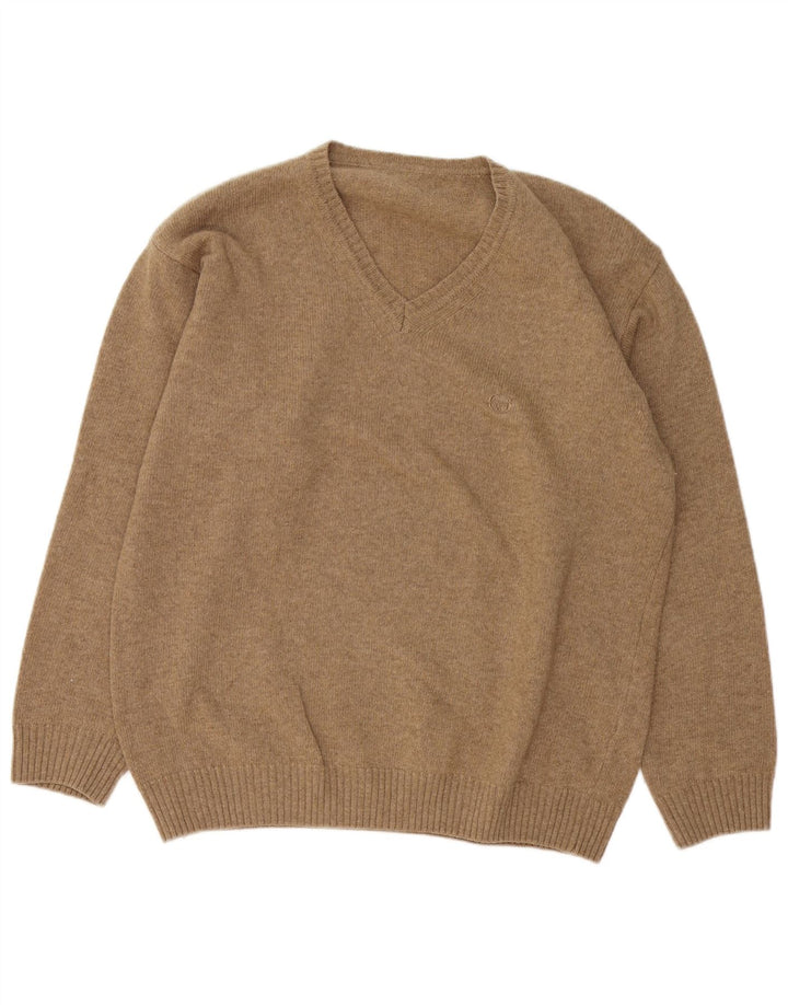 Męski sweter Sergio Tacchini z dekoltem w kształcie litery V, duży, brązowy, wełniany