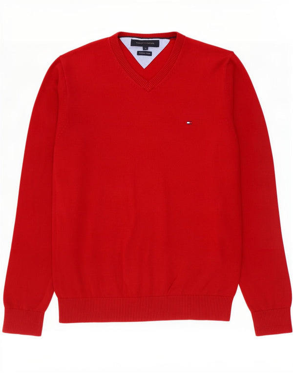 Męski sweter Tommy Hilfiger z dekoltem w kształcie litery V, średnio czerwony, bawełniany