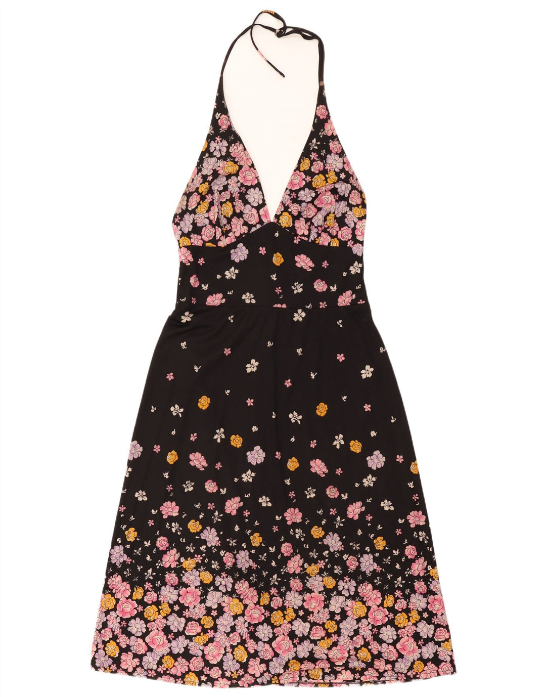 Vintage damska sukienka wiązana na szyi UK 10, mała czarna w kwiaty