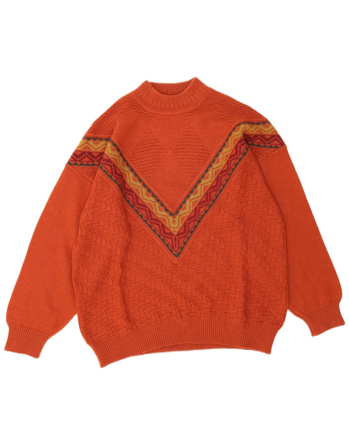 Vintage męski sweter z golfem, duży pomarańczowy, geometryczny wełniany