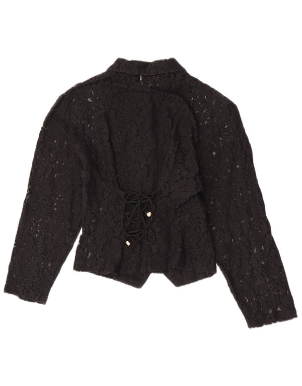 Vintage damska, krótka, prześwitująca bluzka koszulowa UK 4 XS, czarna w kwiaty