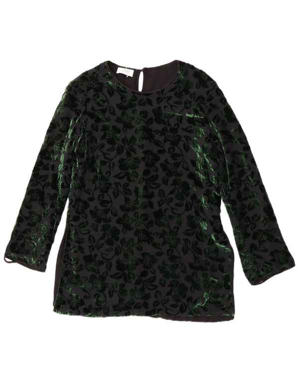 Aksamitna bluzka damska z długim rękawem w stylu vintage, UK 12, średnia czarna w kwiaty