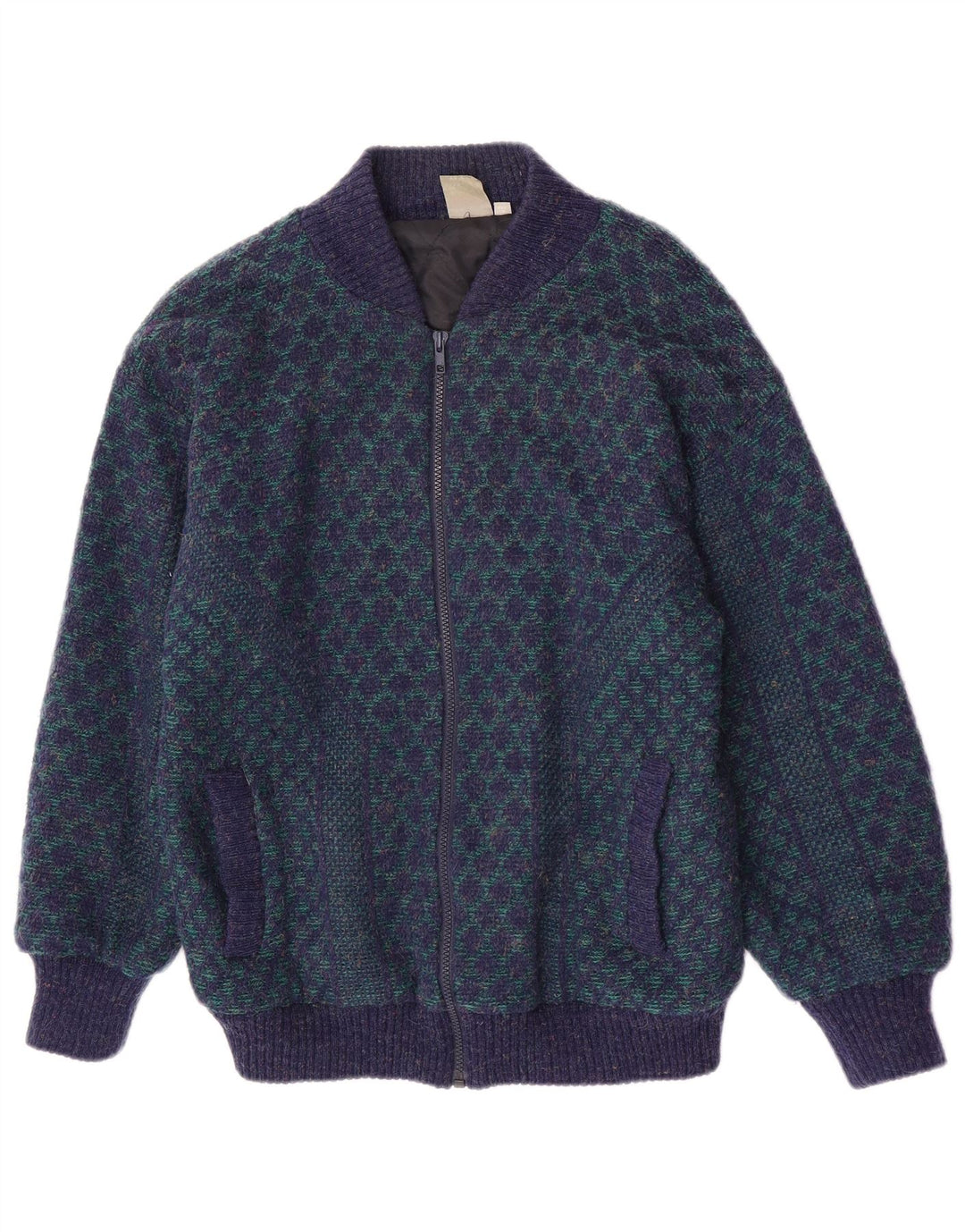 Vintage męska dzianinowa kurtka bomber UK 38 średni niebieski geometryczny akryl retro