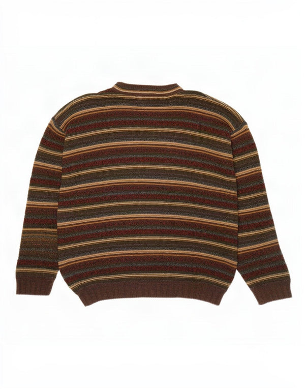 Vintage męski sweter z wycięciem pod szyją, średni brązowy akryl w paski