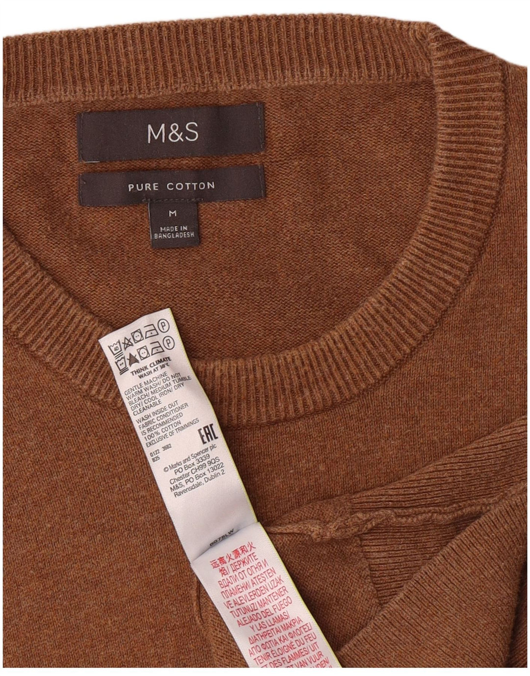 Marks & Spencer Męski sweter z okrągłym dekoltem, średniobrązowy, bawełniany