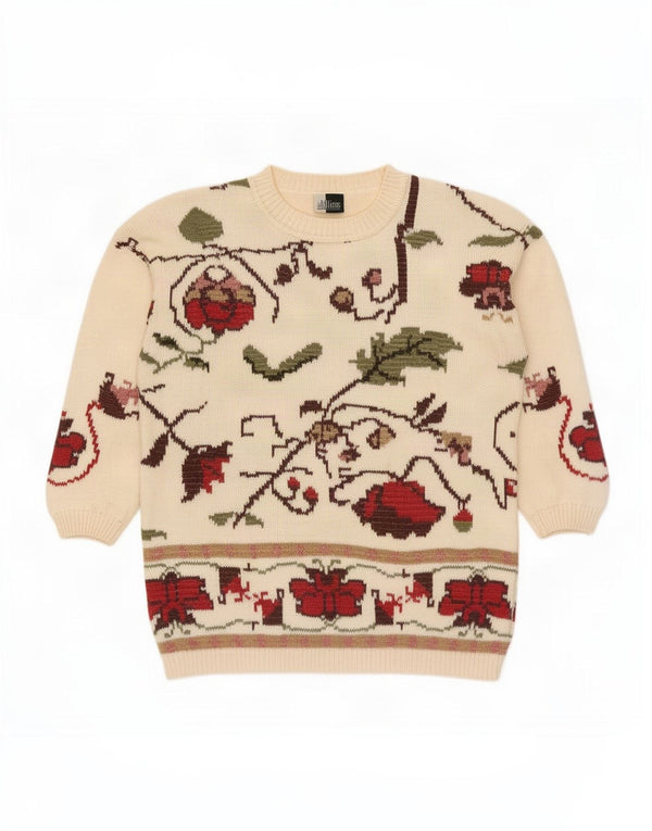 Sweter damski w stylu vintage z okrągłym dekoltem UK 14/16, duży, beżowy, z kwiatowej bawełny