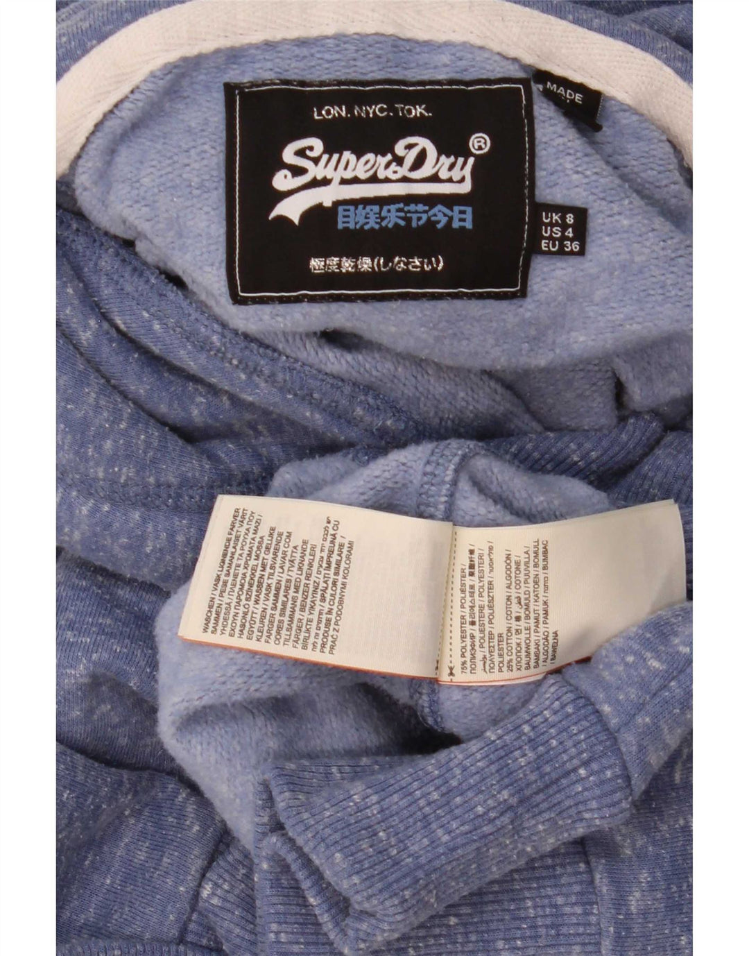 Damski sweter z kapturem Superdry, UK 8, mały, niebieski, nakrapiany poliester