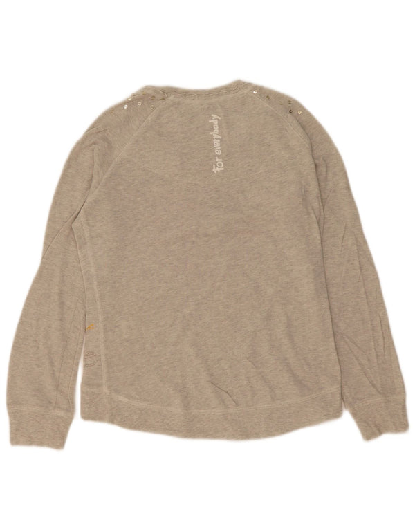 Desigual damski top graficzny z długim rękawem, UK 14, średnioszary, bawełniany w kwiaty