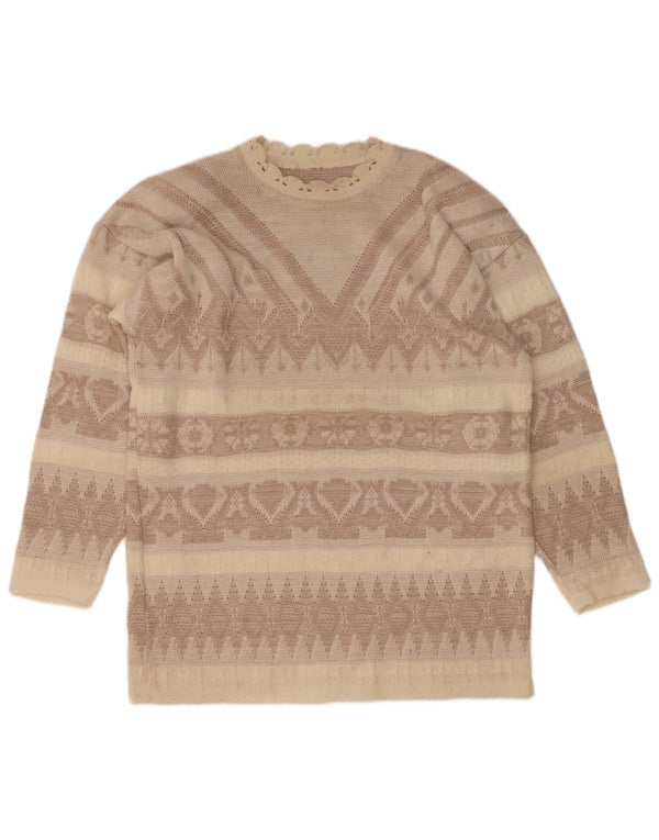 Sweter damski w stylu vintage z dekoltem w łódkę UK 14, duży, beżowy, geometryczny