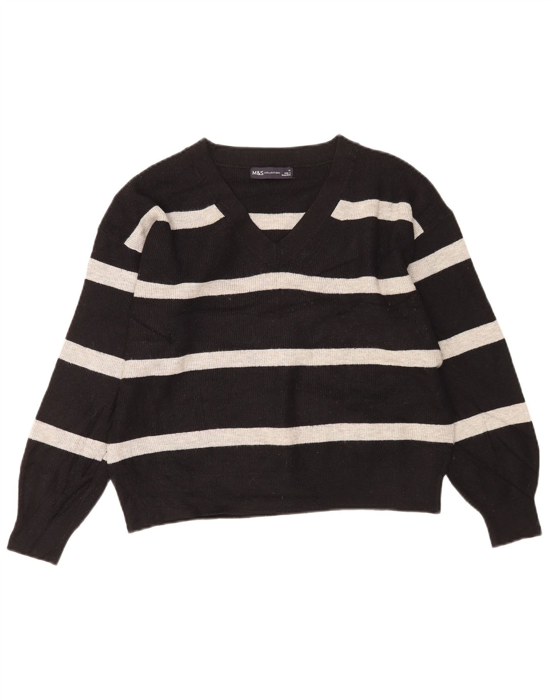 Marks & Spencer Damski sweter z dekoltem w kształcie litery V, UK 14, średnie czarne paski