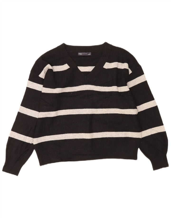 Marks & Spencer Damski sweter z dekoltem w kształcie litery V, UK 14, średnie czarne paski