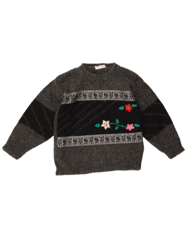 Sweter damski w stylu vintage z okrągłym dekoltem UK 10, mały, szary w kwiaty