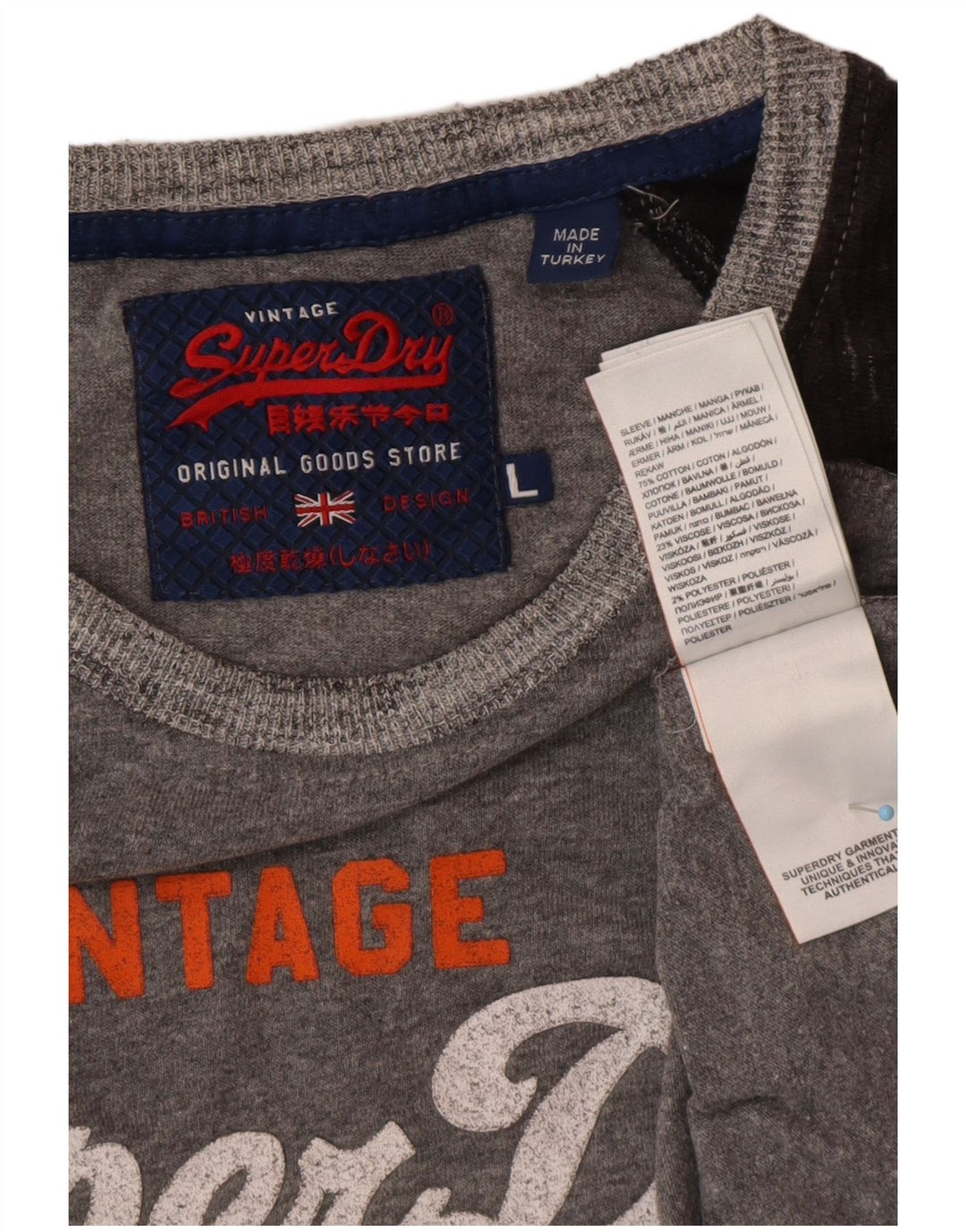 SUPERDRY Męski T-shirt z grafiką, duży, szary, bawełniany z blokami kolorów