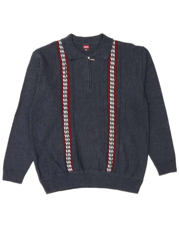 Vintage Mens Polo Neck Jumper Sweater XL Navy Blue Geometric Polyacrylic