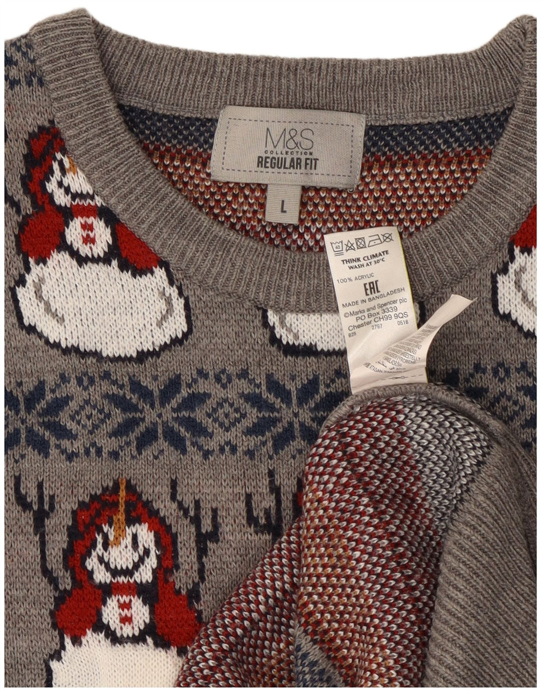 Marks & Spencer Męski sweter z okrągłym dekoltem, duży, szary, świąteczny