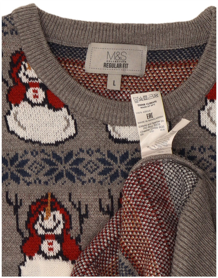 Marks & Spencer Męski sweter z okrągłym dekoltem, duży, szary, świąteczny