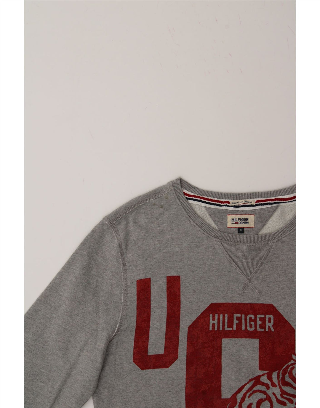 TOMMY HILFIGER Mens Graphic Sweatshirt Jumper Small Grey Cotton Vintage Tommy Hilfiger and Second-Hand Tommy Hilfiger from Messina Hembry 