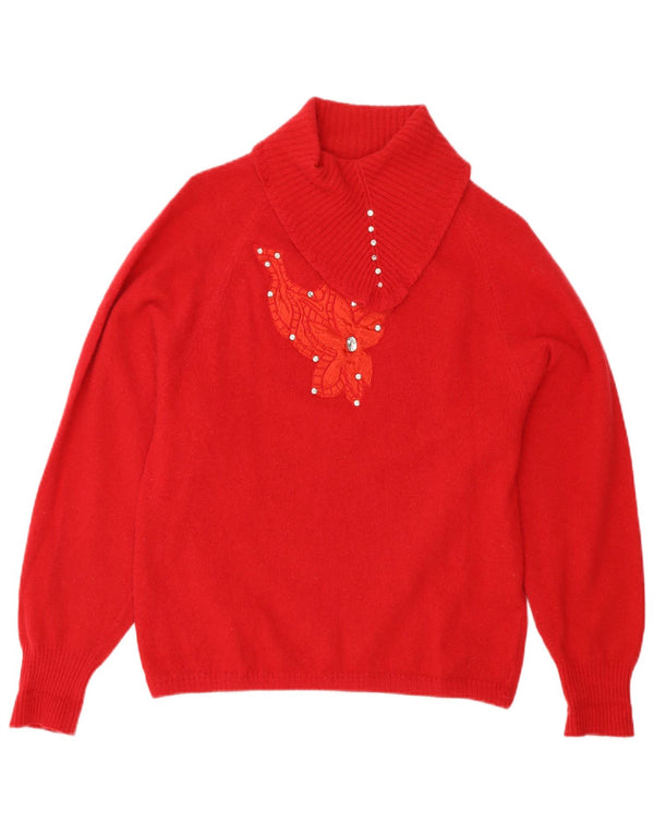 Sweter damski w stylu vintage z szalowym dekoltem UK 12, średnia czerwona wełna