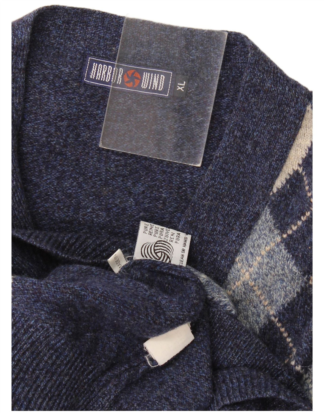 Vintage męski sweter rozpinany XL granatowy Argyle/diamentowa wełna