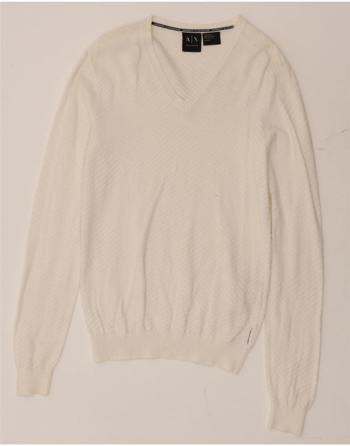 Armani Exchange Męski sweter z dekoltem w kształcie litery V, XS, biała bawełna