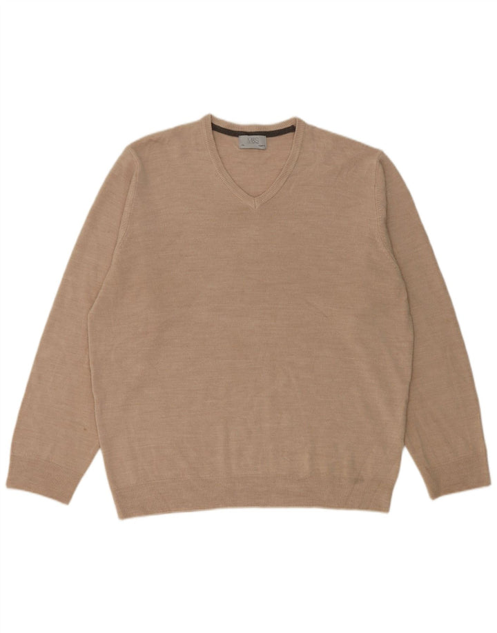 Marks & Spencer Męski sweter o regularnym kroju z dekoltem w kształcie litery V, 2XL, beżowy, akrylowy