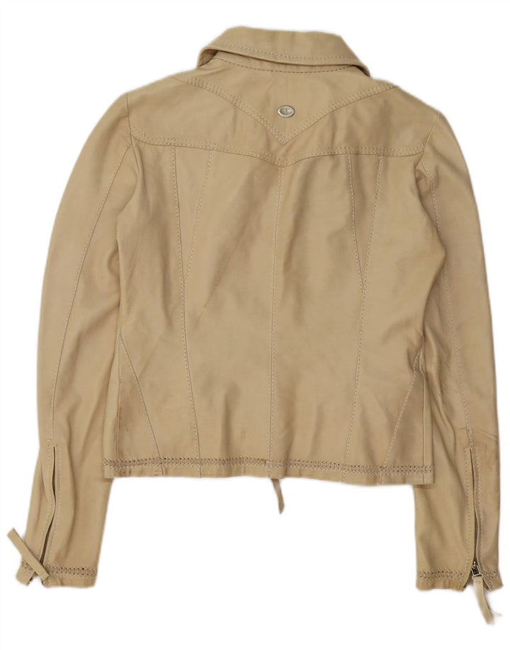 Damska kurtka skórzana typu Crop IT 44 marki TRUSSARDI JEANS w kolorze średniego beżu