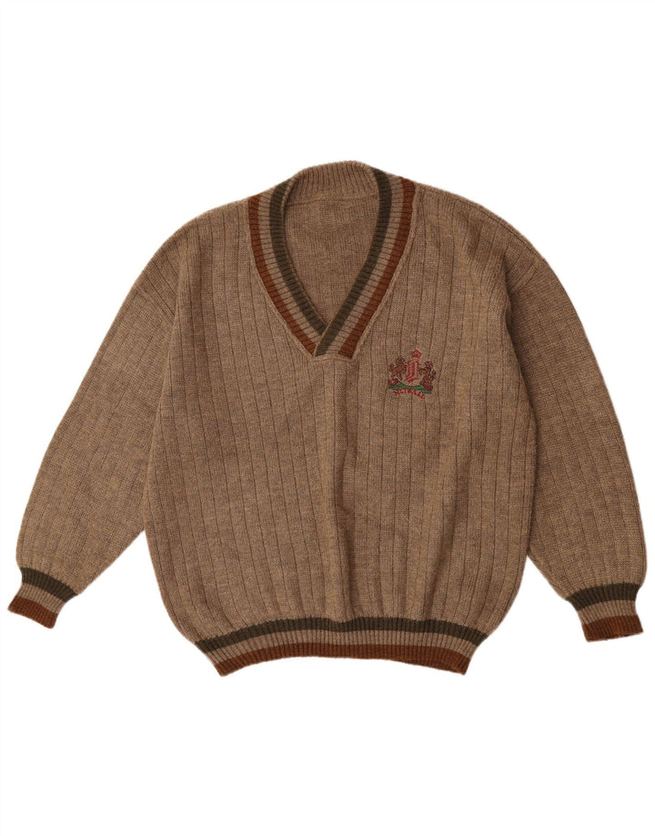 Vintage męski sweter z dekoltem w kształcie litery V, XL, beżowa wełna