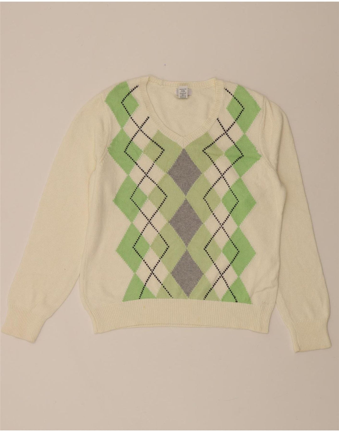 IZOD Womens V-Neck Jumper Sweater UK 14 Medium White Argyle/Diamond Cotton Vintage Izod and Second-Hand Izod from Messina Hembry 