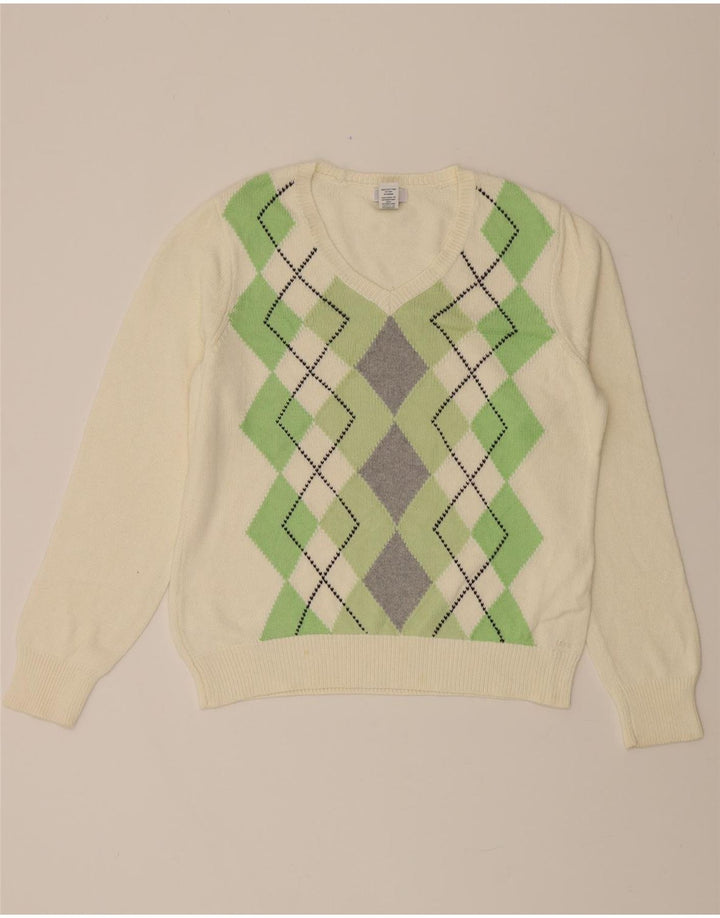 IZOD Womens V-Neck Jumper Sweater UK 14 Medium White Argyle/Diamond Cotton Vintage Izod and Second-Hand Izod from Messina Hembry 