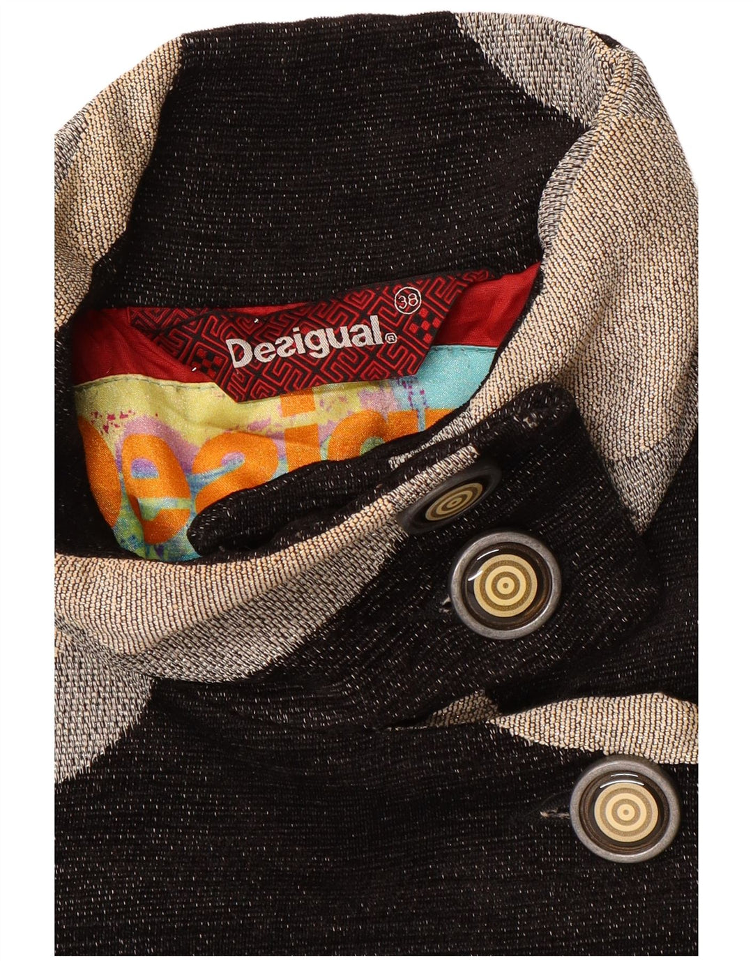 Desigual damski płaszcz EU 38, średni czarny, geometryczny poliester