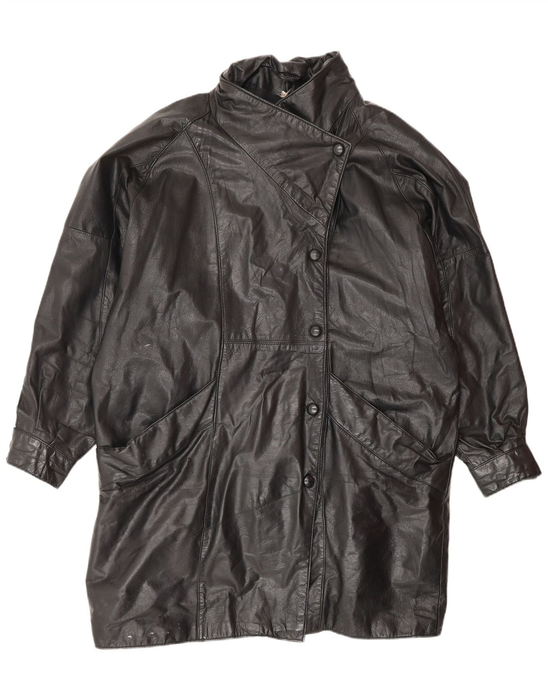 VINTAGE damski płaszcz skórzany oversize UK 14 średniej czarnej skóry