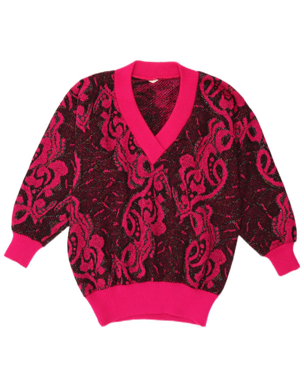 Sweter damski w stylu vintage z dekoltem w kształcie litery V, UK 16, duży, różowy, poliakrylowy Paisley
