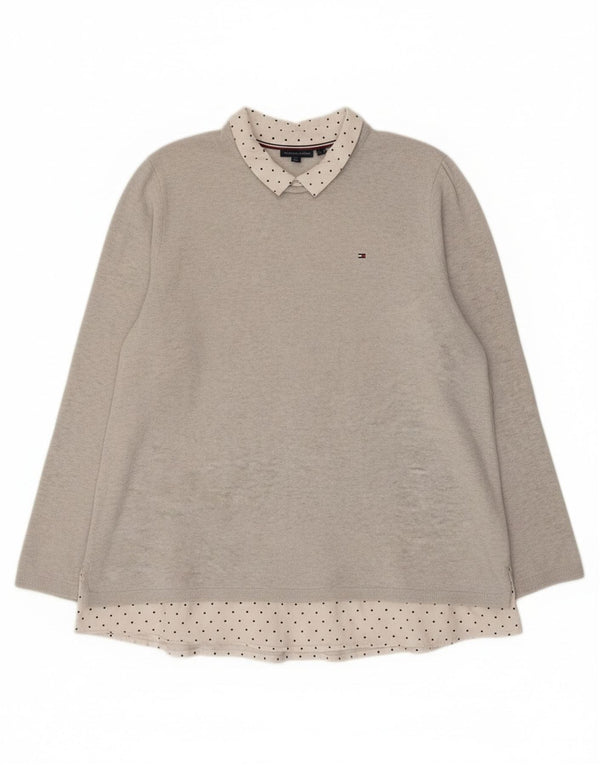 Damski sweter polo Tommy Hilfiger UK 14, duży, szary, z blokami kolorów