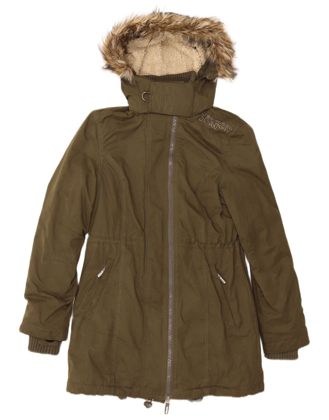 Damska kurtka parka z kapturem Superdry UK 14, duża, zielona, poliestrowa
