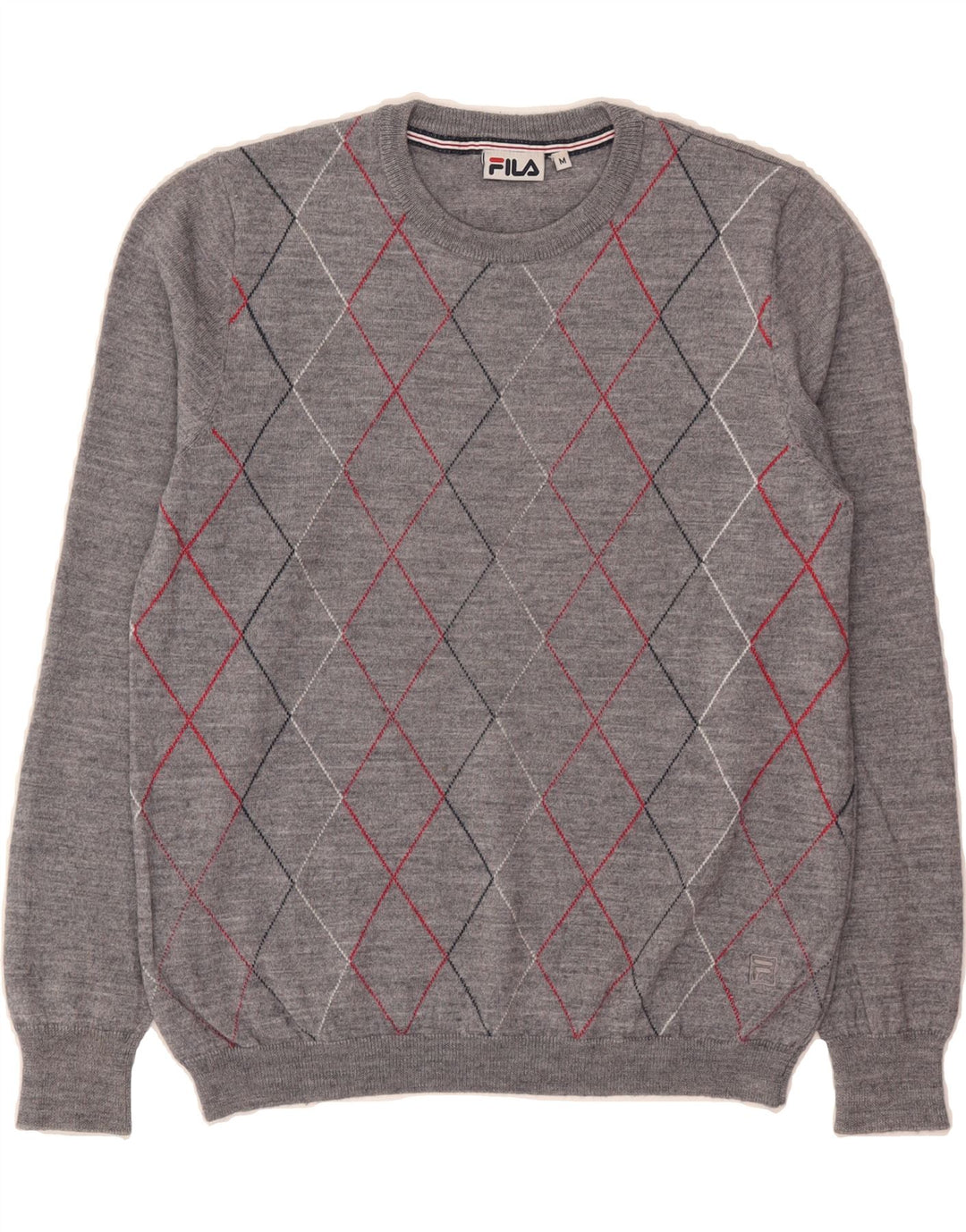 FILA Womens Crew Neck Jumper Sweater UK 14 Medium Grey Argyle/Diamond Wool Vintage Fila and Second-Hand Fila from Messina Hembry 