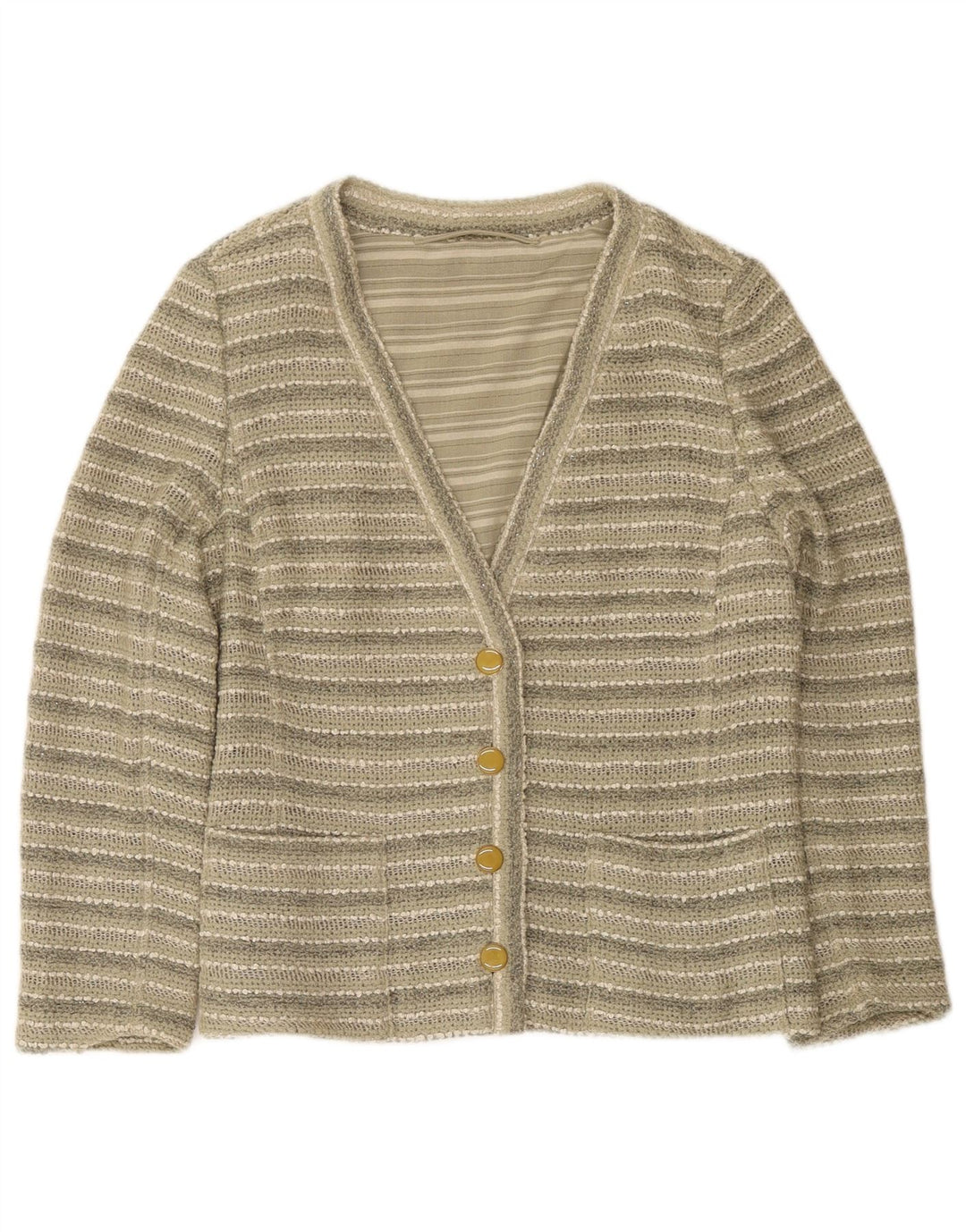 Vintage damski sweter rozpinany UK 14 w średnie zielone paski