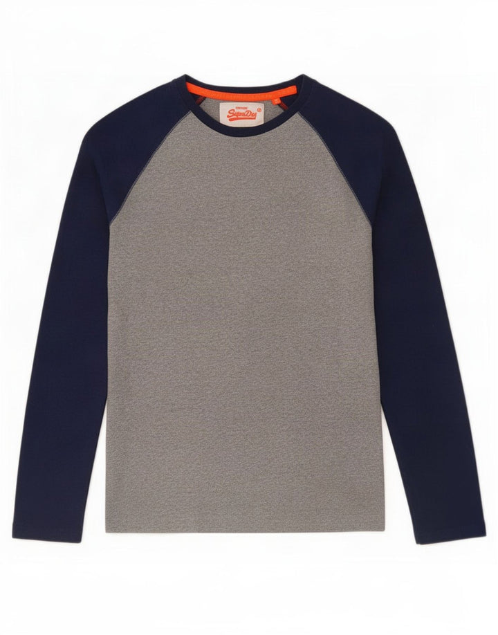 Męski top Superdry z długim rękawem, mały, szary, bawełniany w bloki kolorów