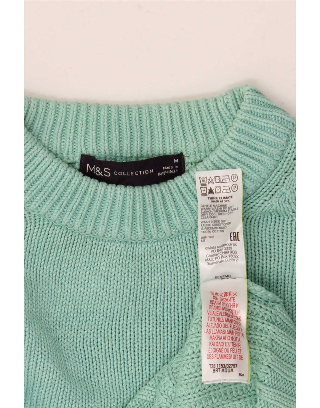 Marks & Spencer Męski sweter z okrągłym dekoltem, średni turkusowy, bawełniany