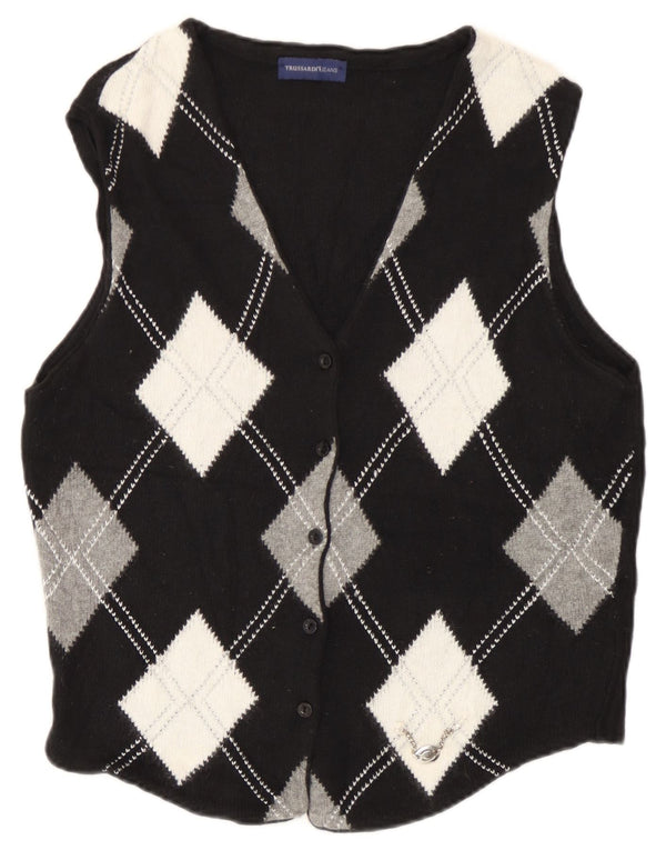 Damska kamizelka dzianinowa Trussardi UK 14, duża, czarna argyle/diamentowa wiskoza